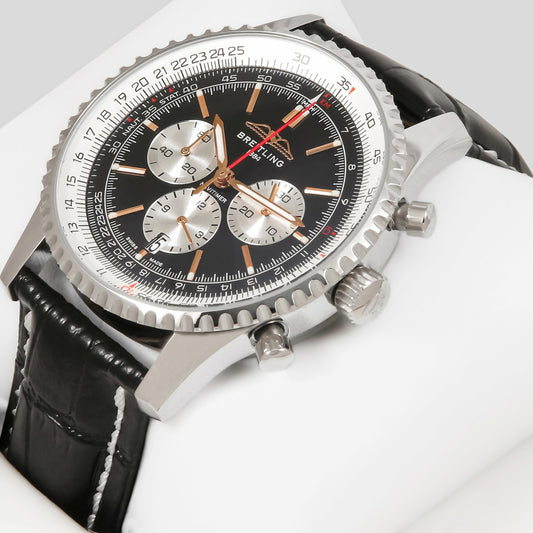 LATEST COLLLECTION CHRONOGRAPH SILVER CASE WITH BLACK DIAL AND LEATHER STRAP
