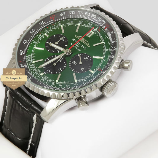 LATEST COLLECTION CHRONOGRAPH SILVER CASE WITH GREEN DIAL AND BLACK LEATHER STRAP