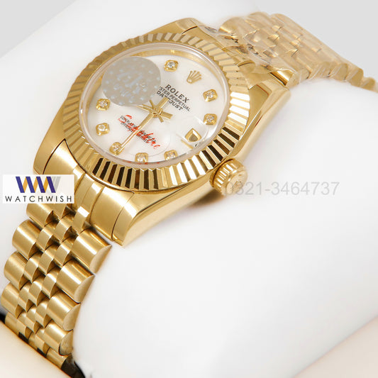 LATEST LADIES COLLECTION 31 YELLLOW GOLD WITH WHITE DIAL & STONE INDEX AUTOMATIC WATCH ZR FACTORY