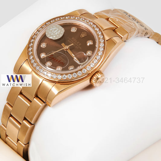 LATEST LADIES COLLECTION 31 ROSE GOLD WITH BROWN DIAL & STONE BEZEL AUTOMATIC WATCH ZR FACTORY