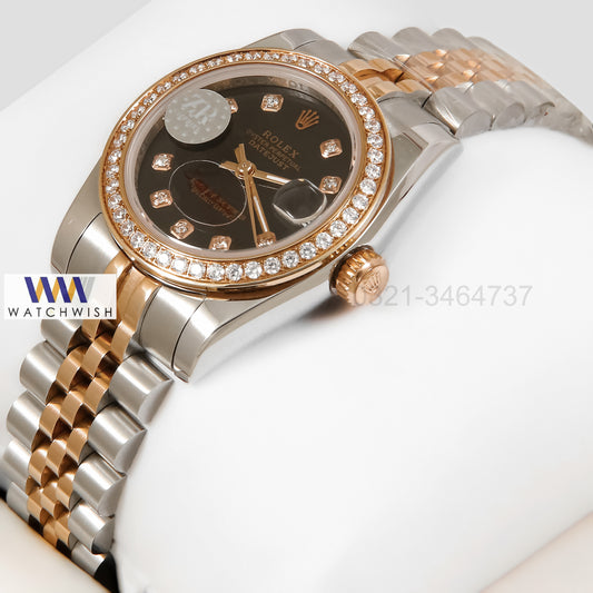 LATEST LADIES COLLECTION 31 TWO TONE ROSE GOLD WITH BLACK DIAL STONE BEZEL AUTOMATIC WATCH ZR FACTORY