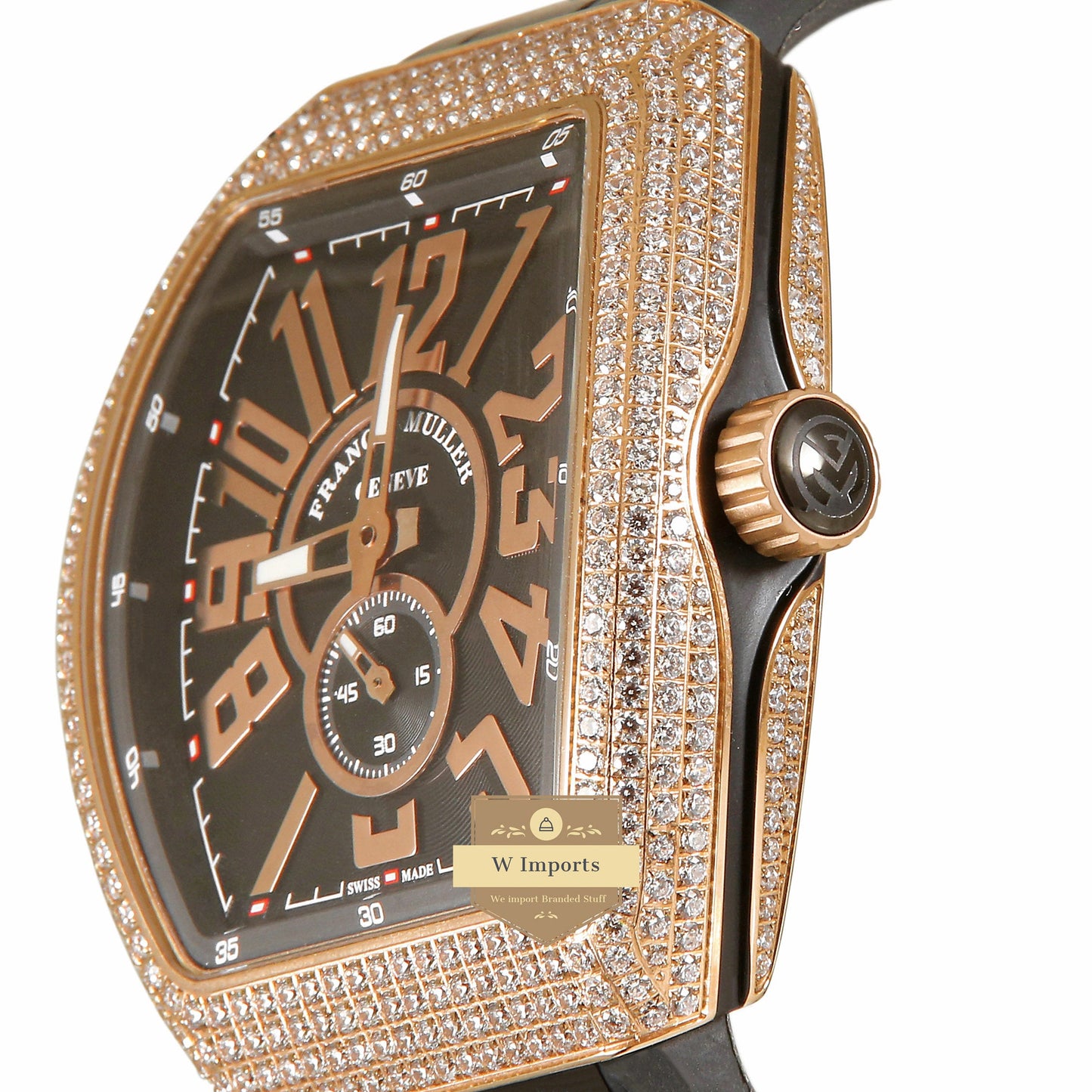 LATEST COLLECTION ROSE GOLD STONE CASE WITH BLACK DIAL AND PVC STRAP