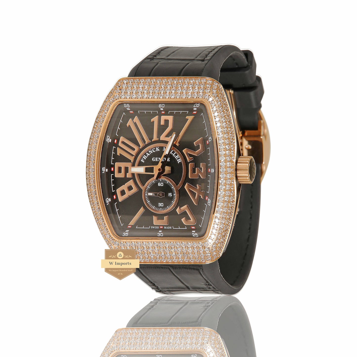 LATEST COLLECTION ROSE GOLD STONE CASE WITH BLACK DIAL AND PVC STRAP