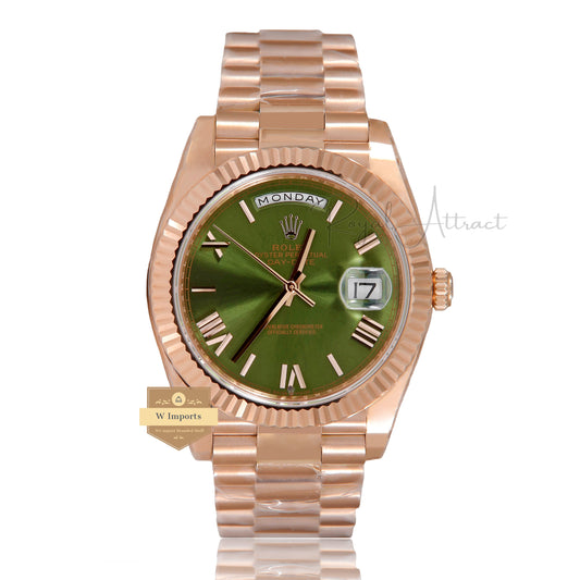Latest Collection 40 Rose Gold With Olive Green Dial & Roman Numerals Automatic Watch EW Made