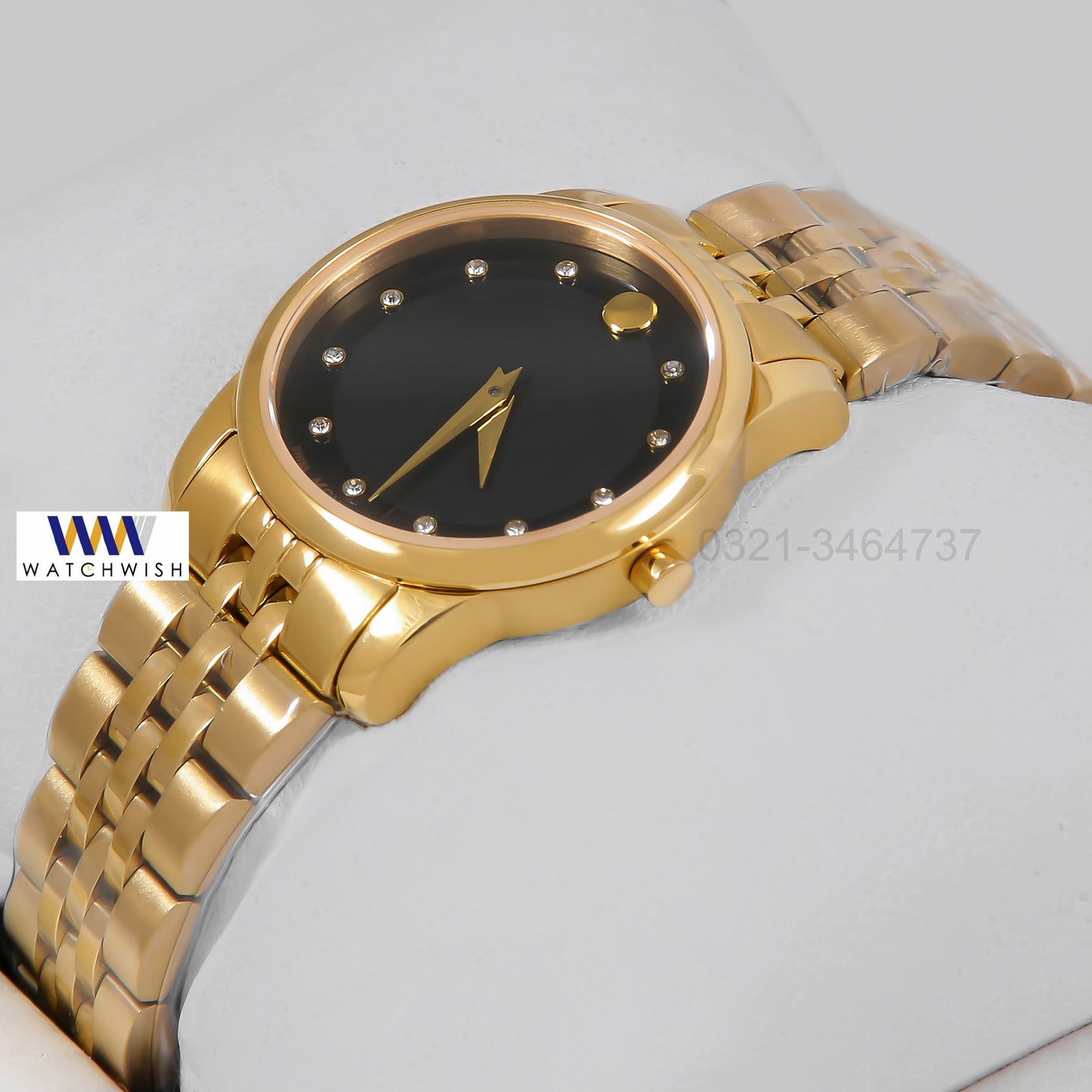 Latest Collection Yellow Gold With Black Dial & Stone Figure Ladies Watch