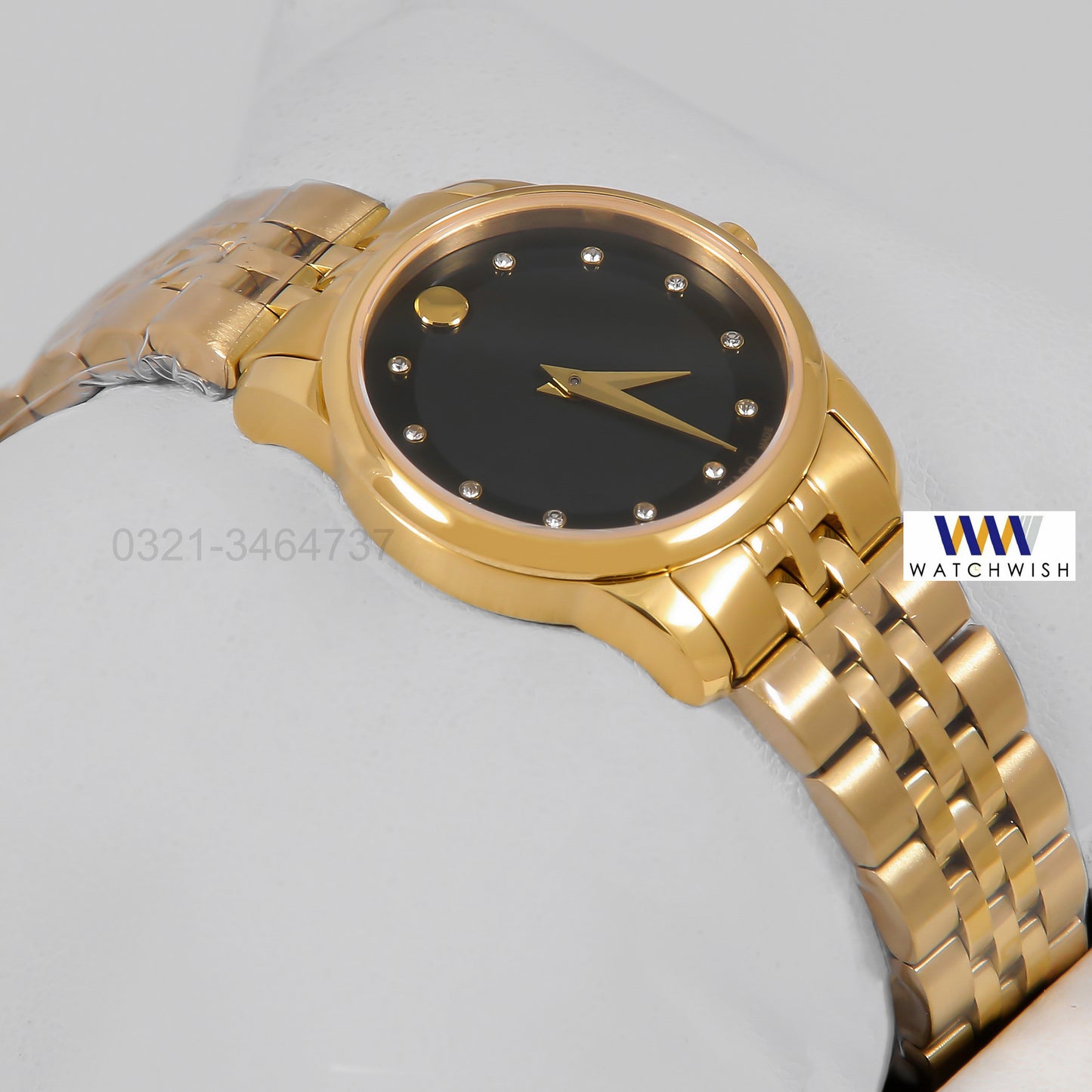 Latest Collection Yellow Gold With Black Dial & Stone Figure Ladies Watch