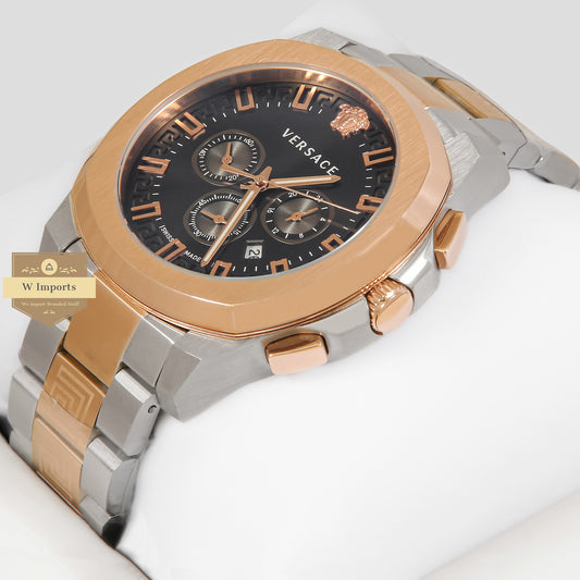 LATEST COLLECTION CHRONOGRAPH TWO TONE ROSE GOLD & SILVER STAINLESS STEEL WITH BLACK DIAL & GOLD INDEX