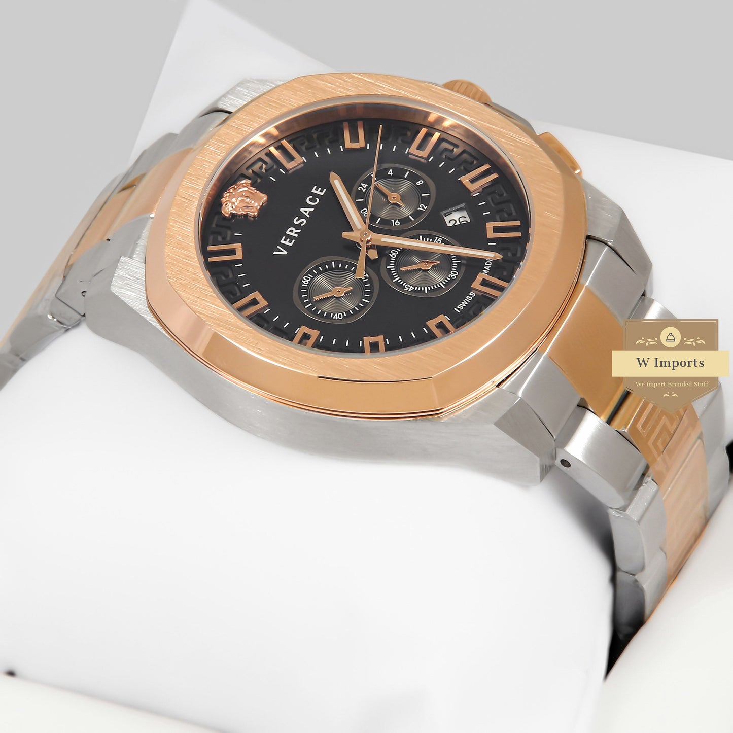 LATEST COLLECTION CHRONOGRAPH TWO TONE ROSE GOLD & SILVER STAINLESS STEEL WITH BLACK DIAL & GOLD INDEX