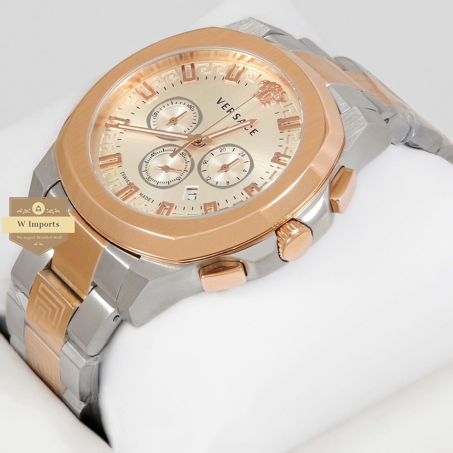 LATEST COLLECTION CHRONOGRAPH TWO TONE ROSE GOLD & SILVER STAINLESS STEEL WITH WHITE DIAL & GOLD INDEX