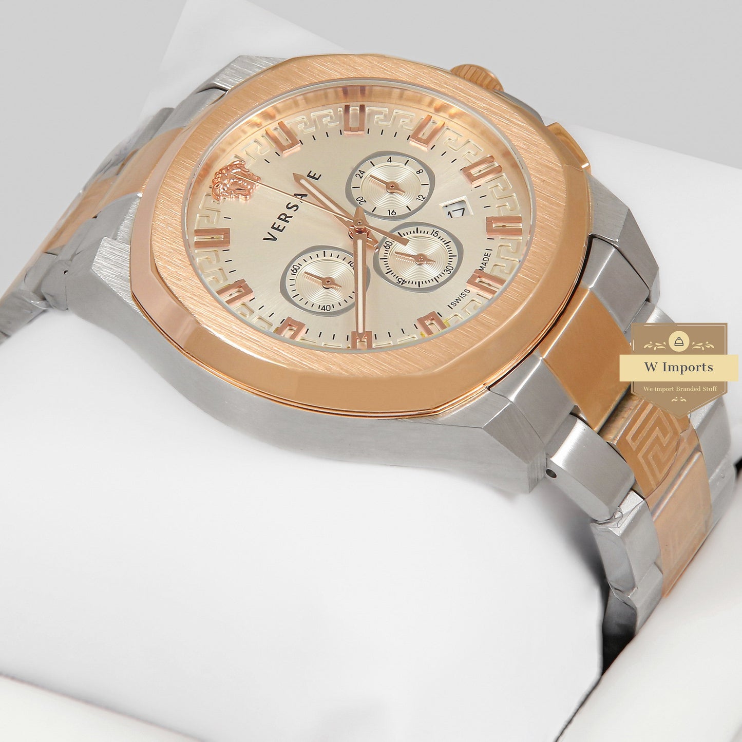 LATEST COLLECTION CHRONOGRAPH TWO TONE ROSE GOLD & SILVER STAINLESS STEEL WITH WHITE DIAL & GOLD INDEX