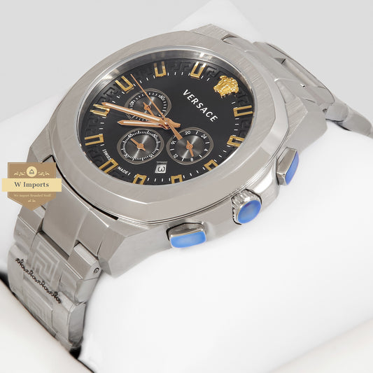 LATEST COLLECTION CHRONOGRAPH SILVER WITH BLACK DIAL CHAIN WATCH