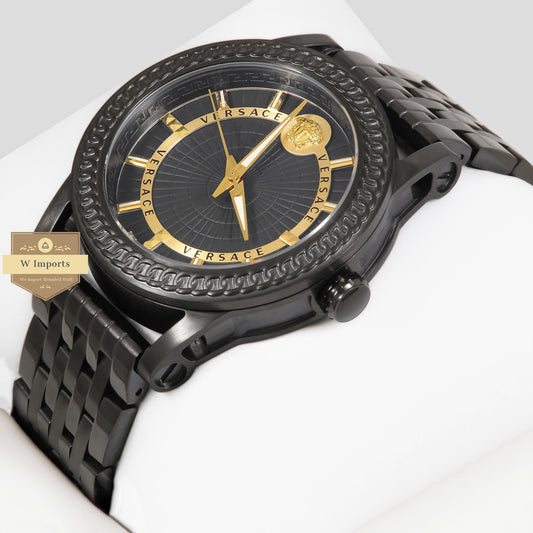LATEST COLLECTION ALL BLACK WITH DIAL AND YELLOW GOLD INDEX CHAIN WATCH