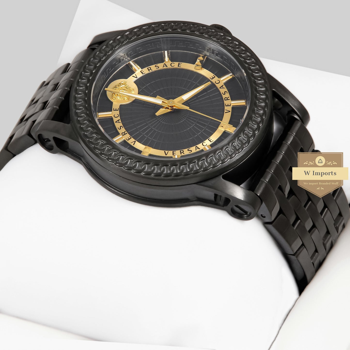 LATEST COLLECTION ALL BLACK WITH DIAL AND YELLOW GOLD INDEX CHAIN WATCH
