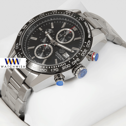 LATEST COLLECTION CHRONOGRAPH SILVER CHAIN WITH BLACK DIAL AND BEZEL