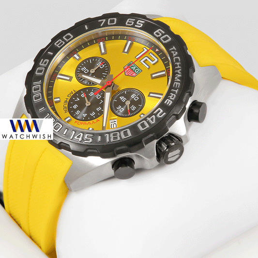 Latest Collection Chronograph Silver Case With Yellow Dial And Strap