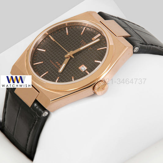 LATEST COLLECTION PRX  ROSE GOLD CASE WITH BLACK DIAL & LEATHER STRAP