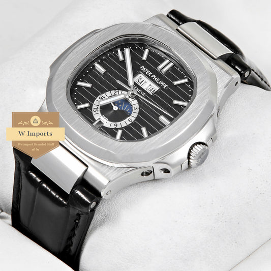 Latest Collection Annual Calendar Moon Phase Silver With Black Dial & Leather Strap