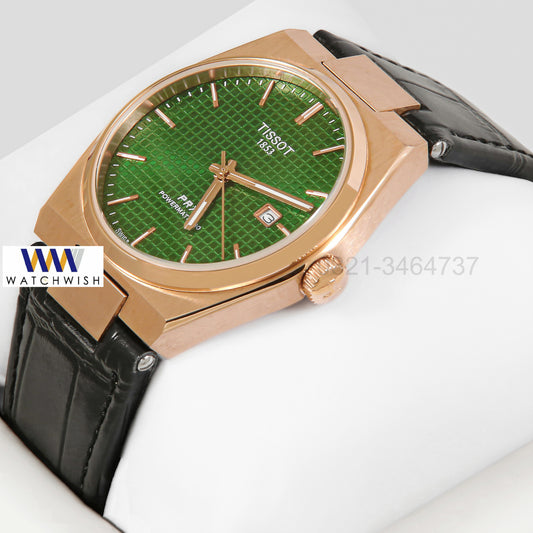 LATEST COLLECTION PRX  ROSE GOLD CASE WITH GREEN DIAL & BLACK LEATHER STRAP