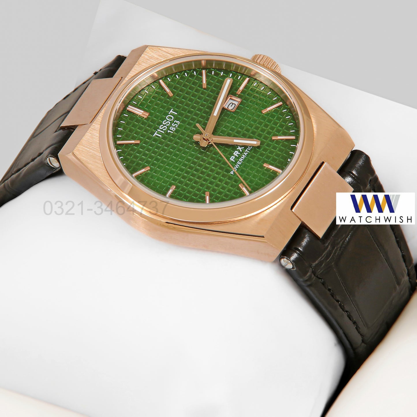 LATEST COLLECTION PRX  ROSE GOLD CASE WITH GREEN DIAL & BLACK LEATHER STRAP