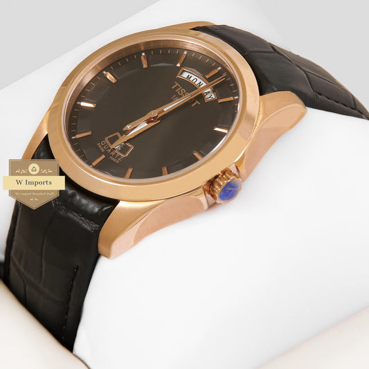 LATEST COLLECTION ROSE GOLD CASE WITH BLACK DIAL & LEATHER STRAP