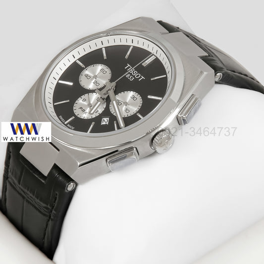 LATEST COLLECTION PRX CHRONOGRAPH SILVER CASE WITH BLACK DIAL & LEATHER STRAP