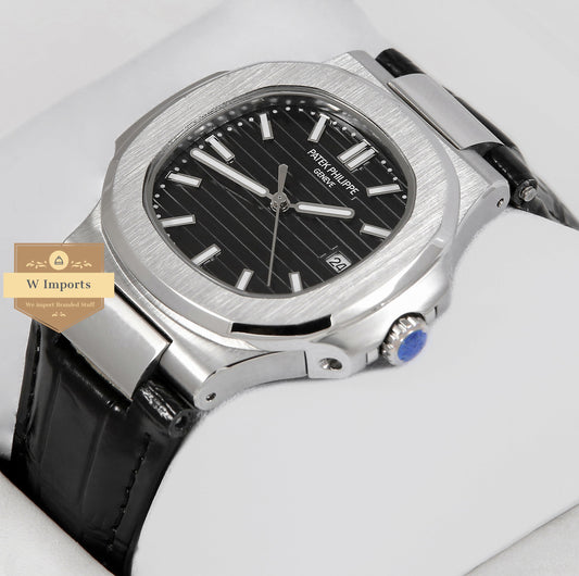 Latest Collection Silver Case With Black Dial & Leather Strap