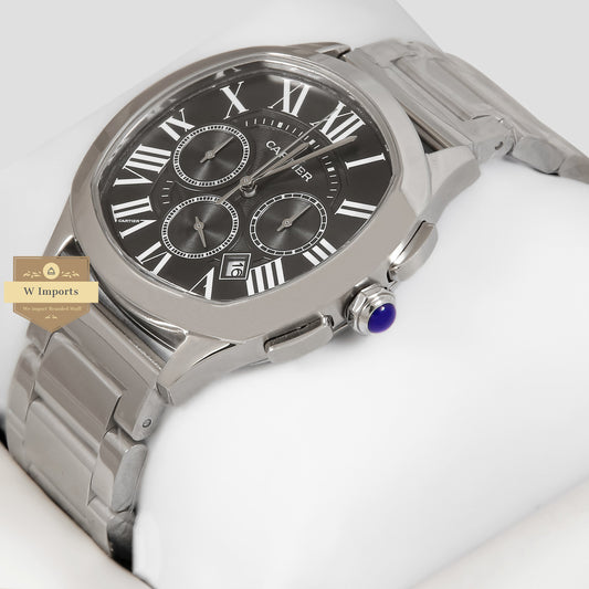 LATEST COLLECTION CHRONOGRAPH SILVER WITH BLACK DIAL CHAIN WATCH