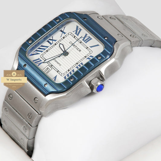 LATEST COLLECTION SILVER WITH BLUE BEZEL AND WHITE DIAL CHAIN WATCH
