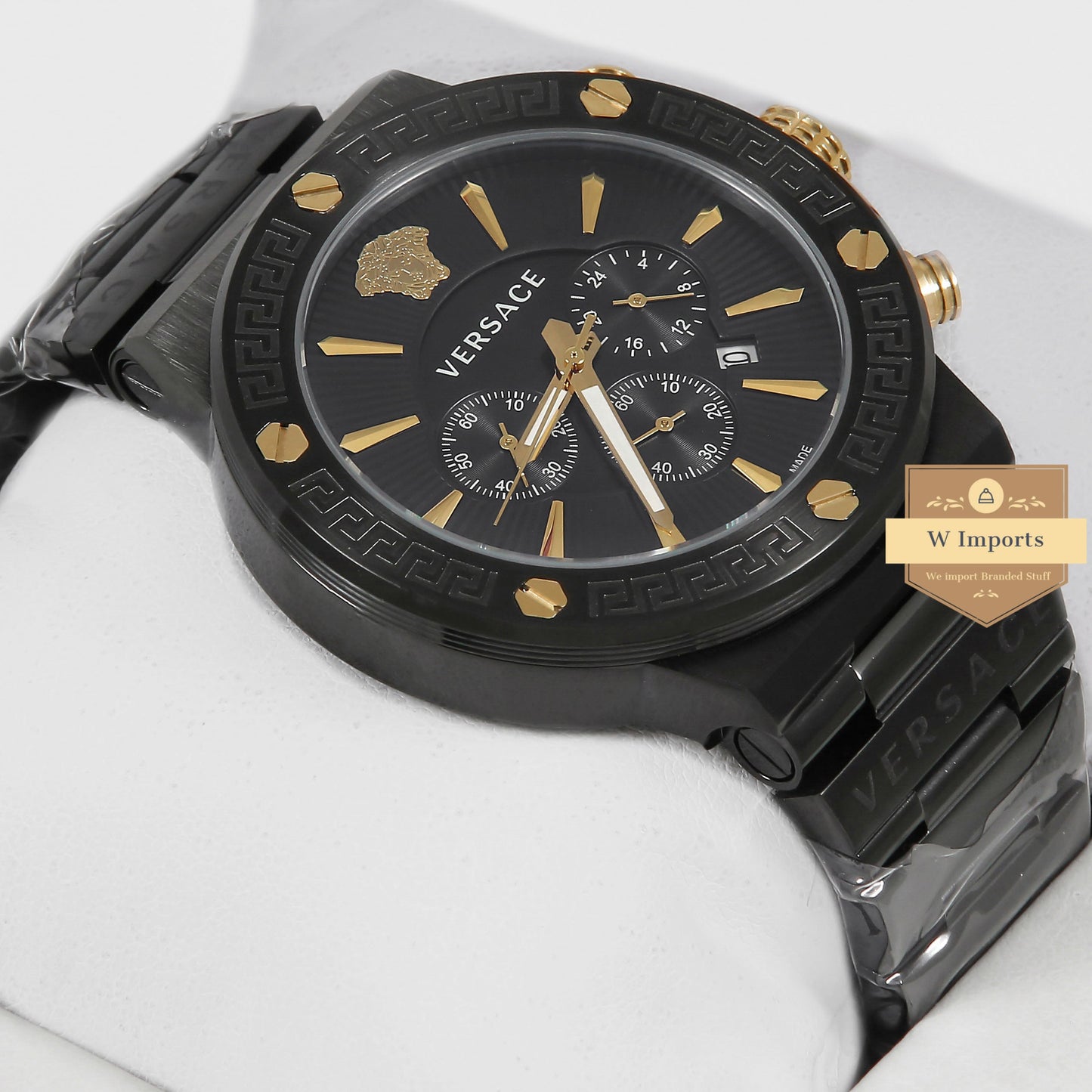 Latest Collection Chronograph All Black Stainless Steel With Black Dial & Gold Index