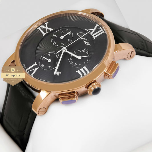 Latest Collection Chronoghraph Rose Gold Case With Black Dial & Leather Strap For Men