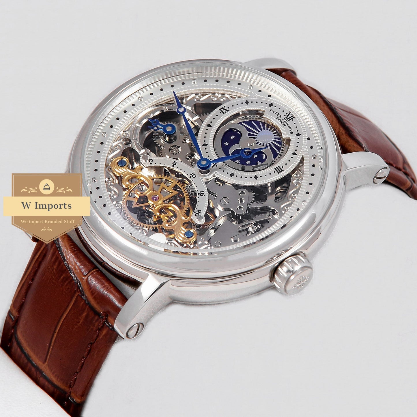 Latest Collection Tourbillon Moon phase Silver Case Skeleton Dial & Brown Leather Strap