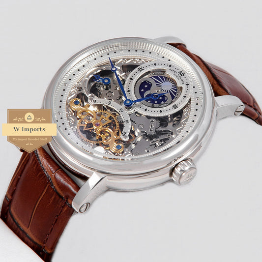 Latest Collection Tourbillon Moon phase Silver Case Skeleton Dial & Brown Leather Strap