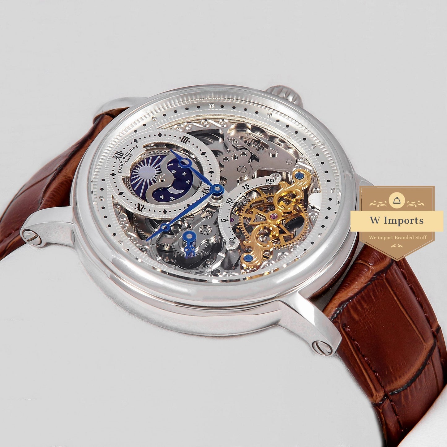 Latest Collection Tourbillon Moon phase Silver Case Skeleton Dial & Brown Leather Strap