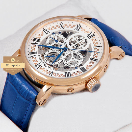 Latest Collection Chronograph Rose Gold Case With White Dial & Blue Leather Strap
