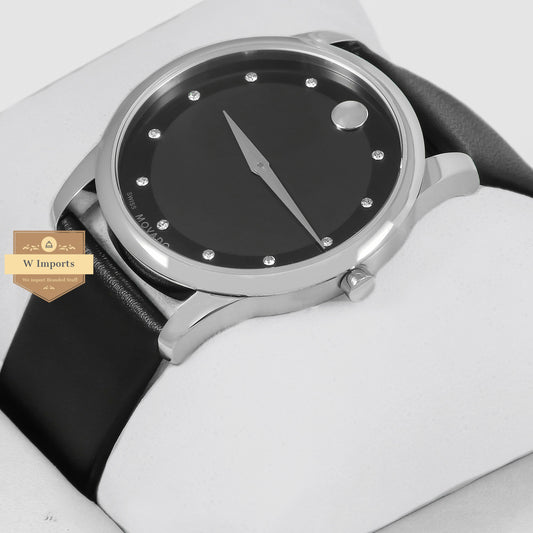 Latest Collection Silver With Black Dial & Leather Strap For Men