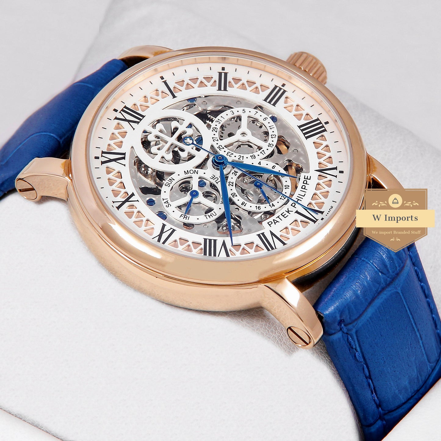 Latest Collection Chronograph Rose Gold Case With White Dial & Blue Leather Strap