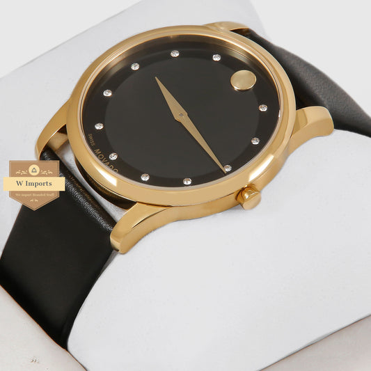 Latest Collection Yellow Gold With Black Inner Dotted Dial & Leather Strap