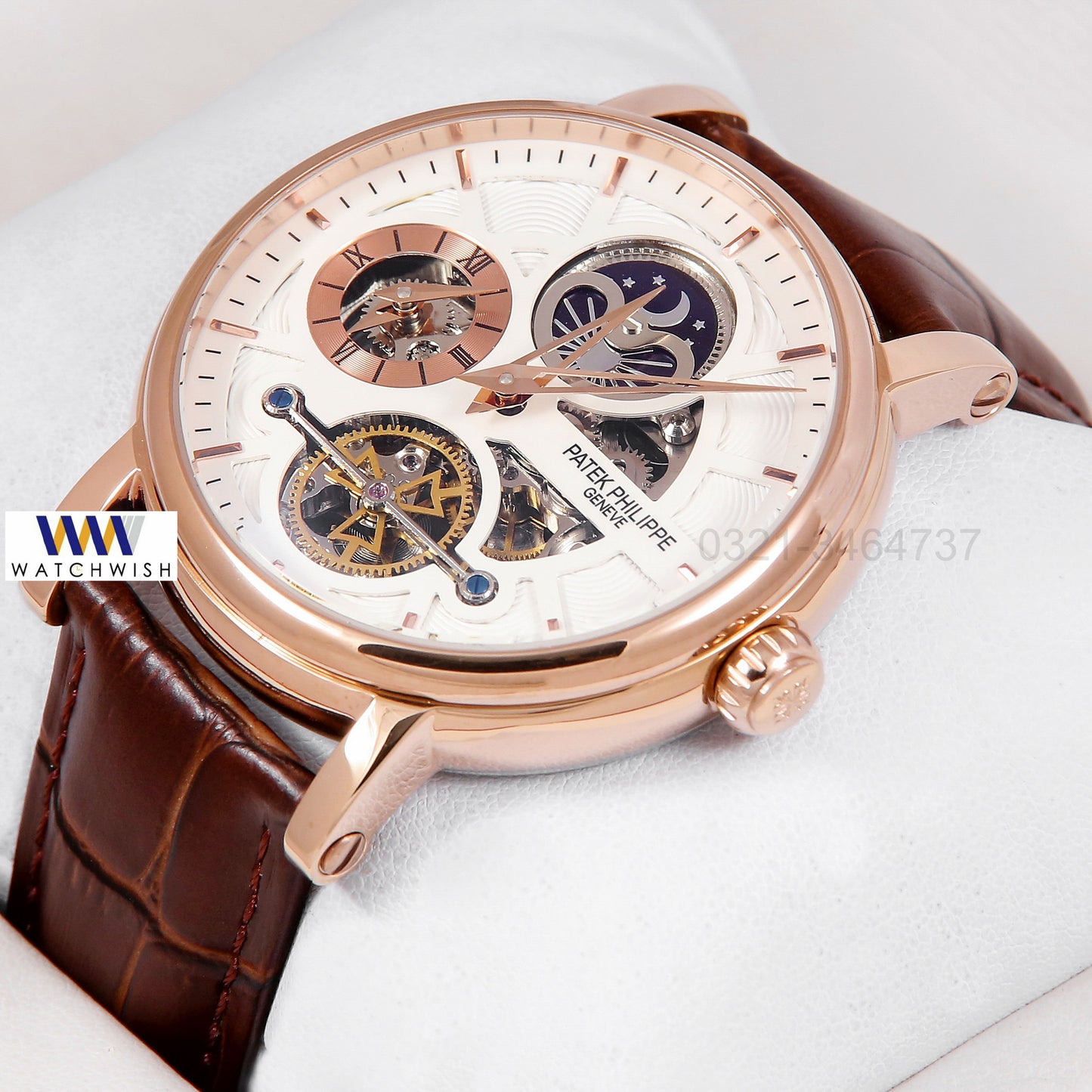 Latest Collection Tourbillon Moon phase Rose Gold Case With White Dial & Brown Leather Strap