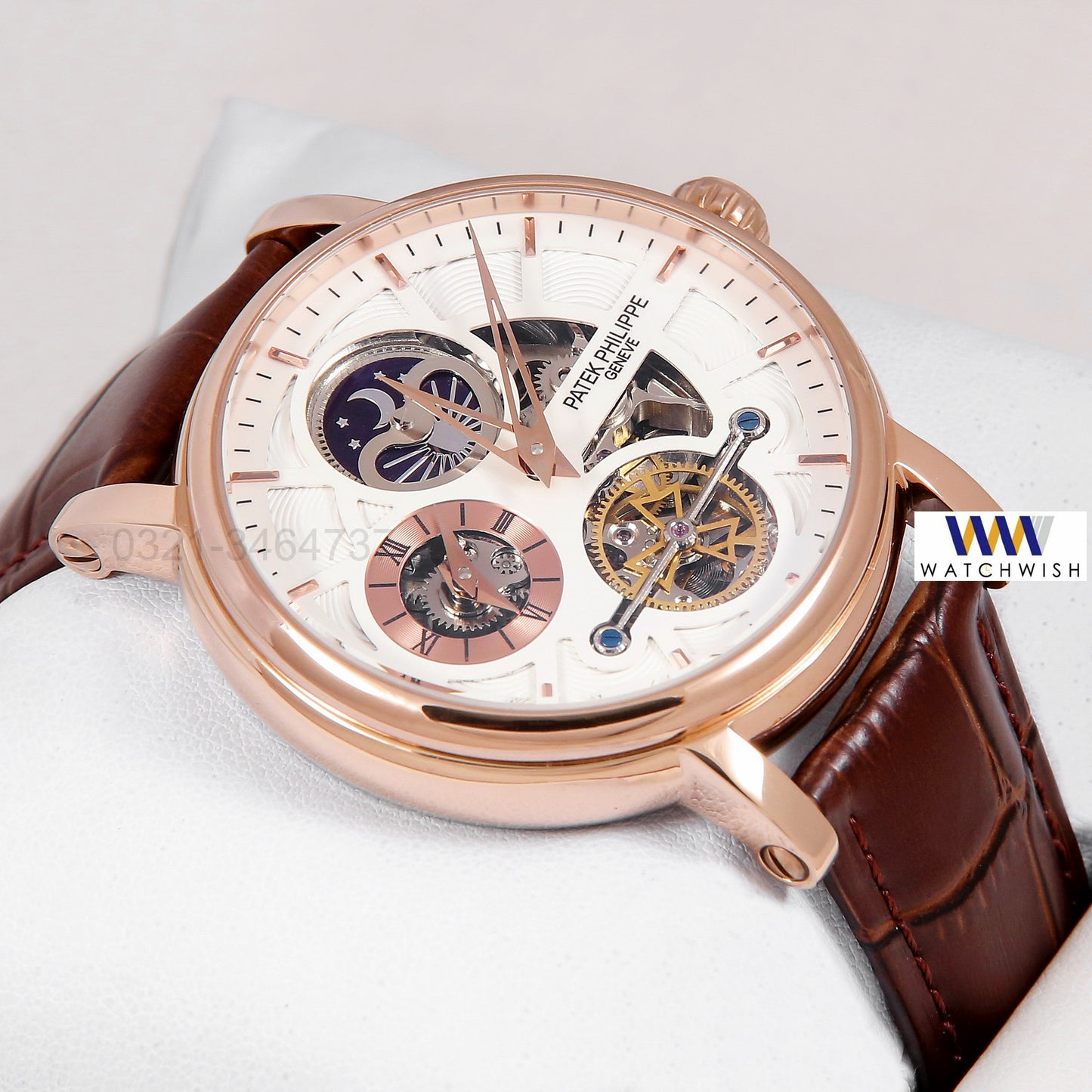 Latest Collection Tourbillon Moon phase Rose Gold Case With White Dial & Brown Leather Strap