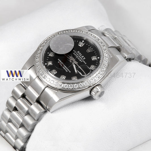 Latest Ladies Collection 31 Silver With Black Dial Stone Bezel Automatic Watch ZR Factory