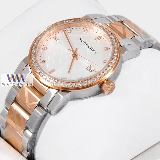 Latest Collection Two Tone Rose Gold With White Dial Stone Bezel & Figure Ladies Watch