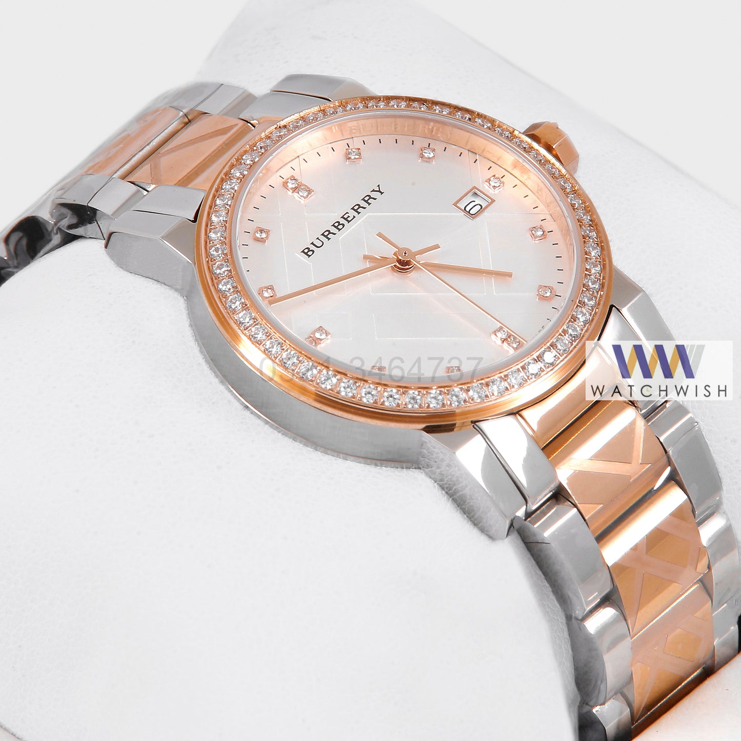 Latest Collection Two Tone Rose Gold With White Dial Stone Bezel & Figure Ladies Watch