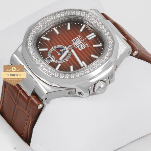 Latest Collection Annual Calendar Moon Phase Silver Stone Case With Brown Dial & Leather Strap