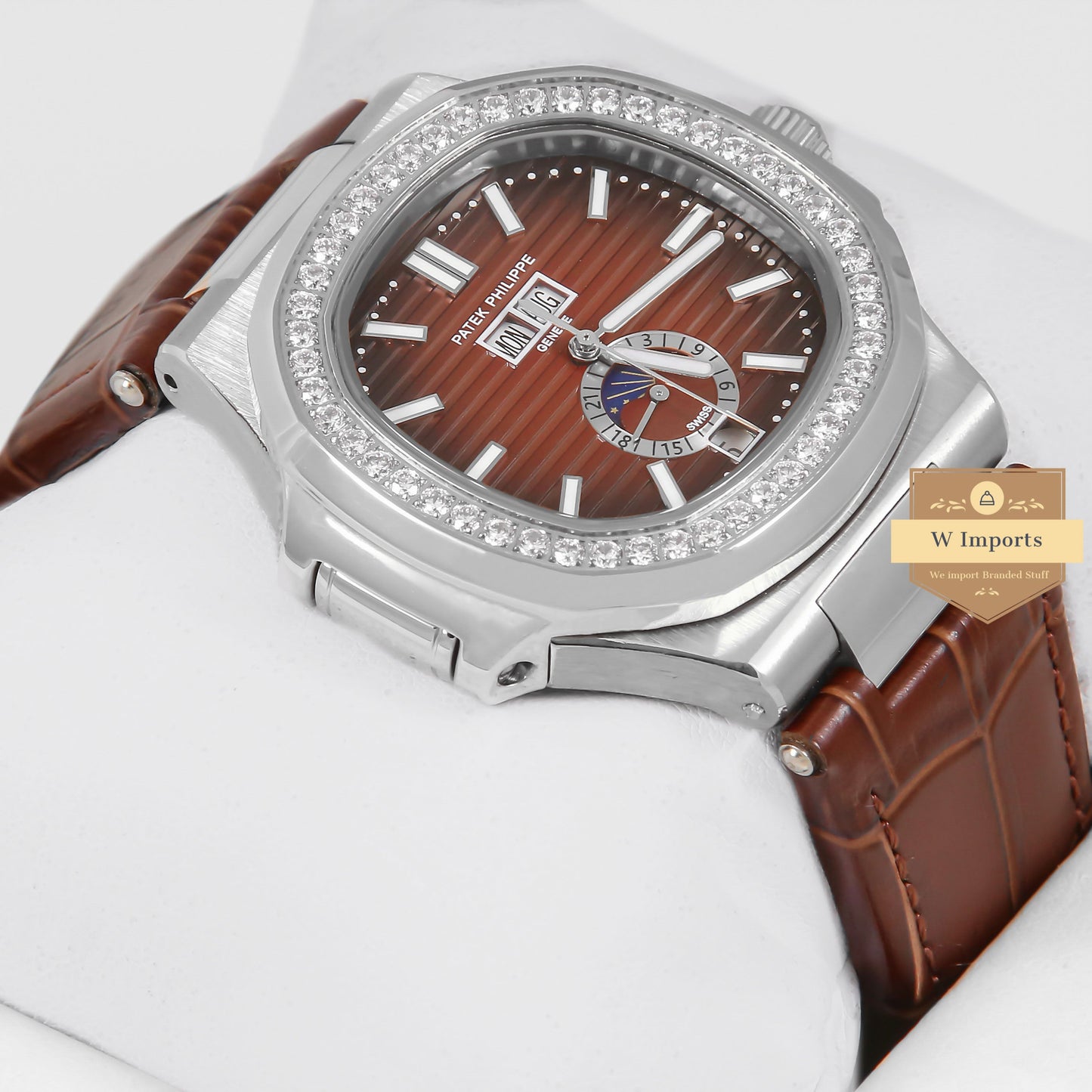 Latest Collection Annual Calendar Moon Phase Silver Stone Case With Brown Dial & Leather Strap