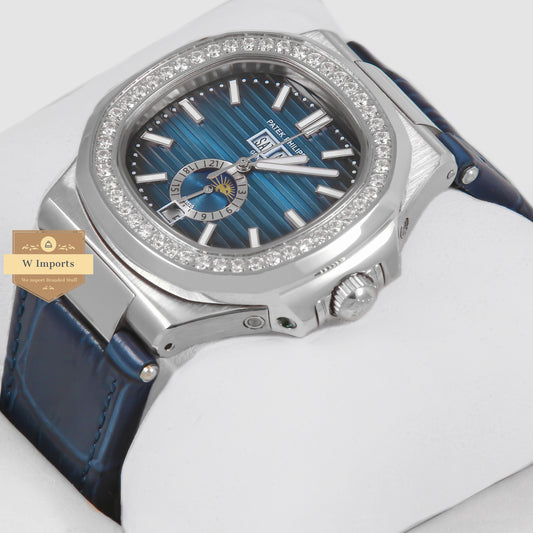 Latest Collection Annual Calendar Moon Phase Silver Stone Case With Blue Dial & Leather Strap
