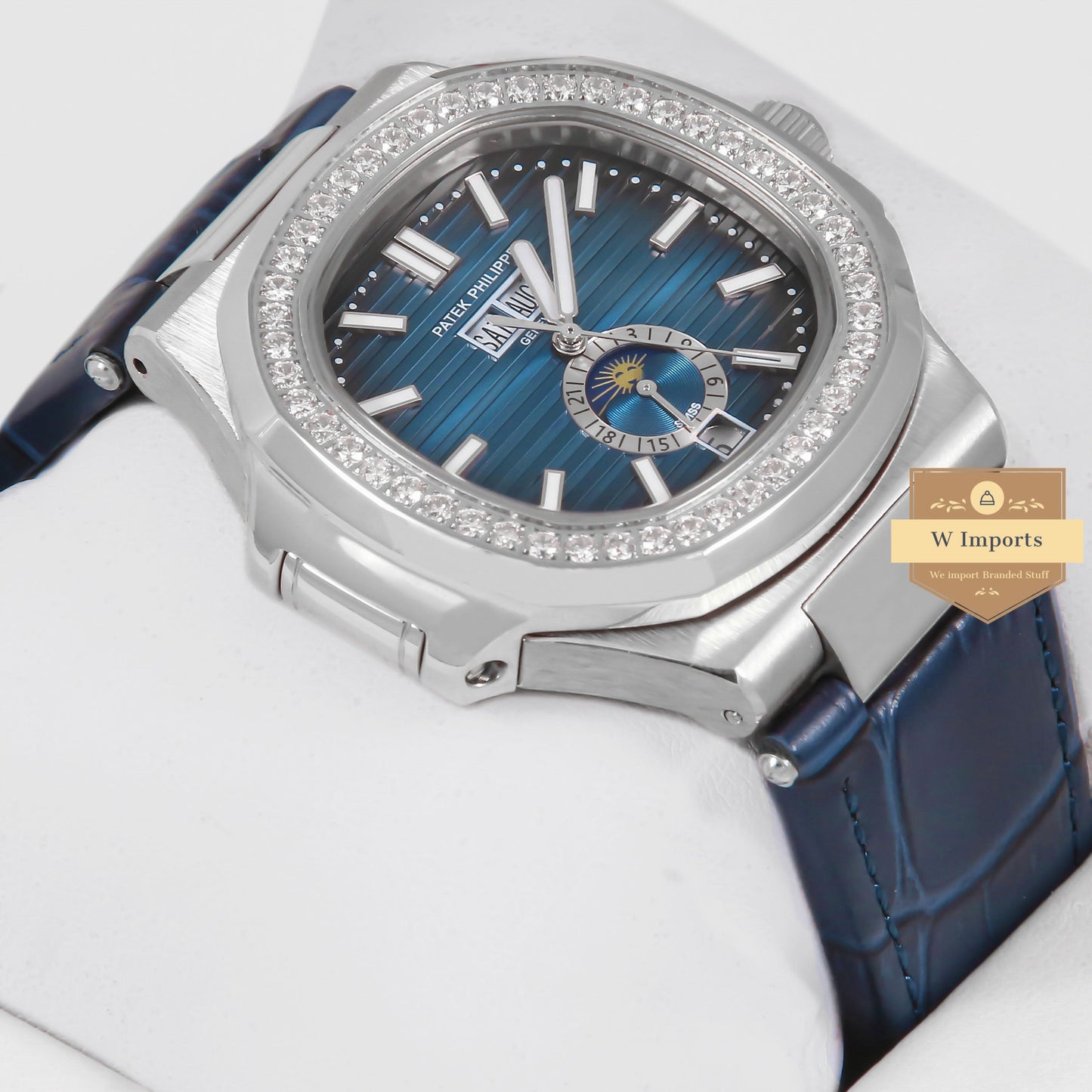 Latest Collection Annual Calendar Moon Phase Silver Stone Case With Blue Dial & Leather Strap