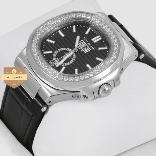 Latest Collection Annual Calendar Moon Phase Silver Stone Case With Black Dial & Leather Strap