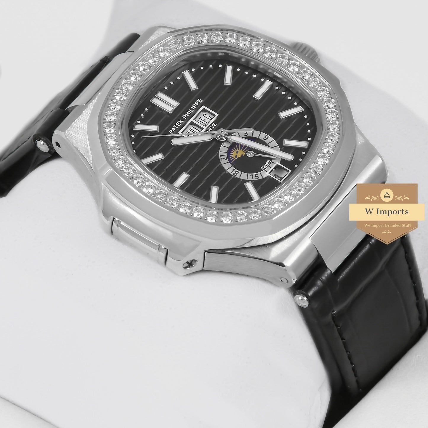 Latest Collection Annual Calendar Moon Phase Silver Stone Case With Black Dial & Leather Strap