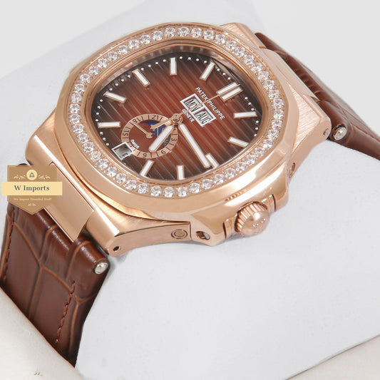 Latest Collection Annual Calendar Moon Phase Rose Gold Stone Case With Brown Dial & Leather Strap