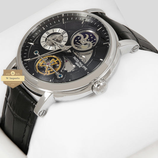 LATEST COLLECTION TOURBILLON MOON PHASE SILVER CASE WITH Black SKELETON DIAL & BLACK LEATHER STRAP